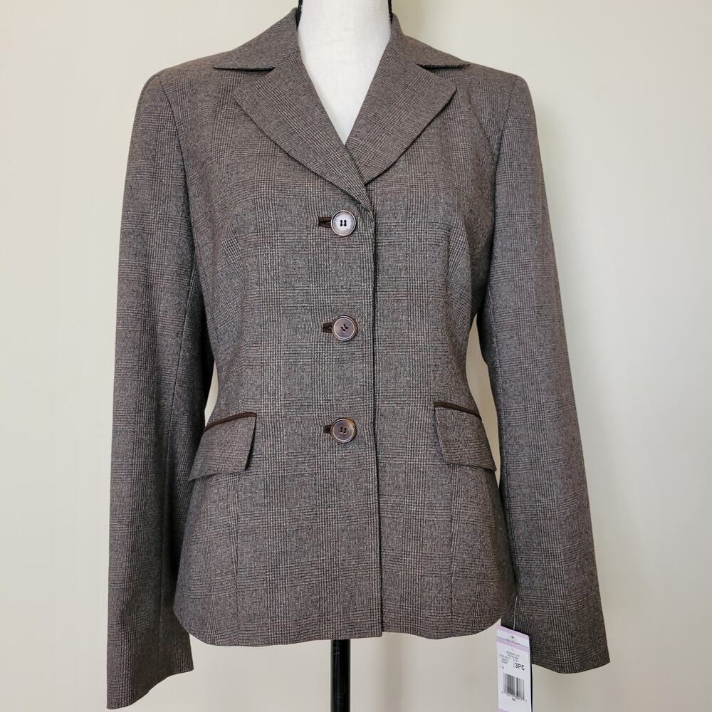 NWT Jones NY 6 Career Blazer Jacket Notched Collar Lined Brown Plaid